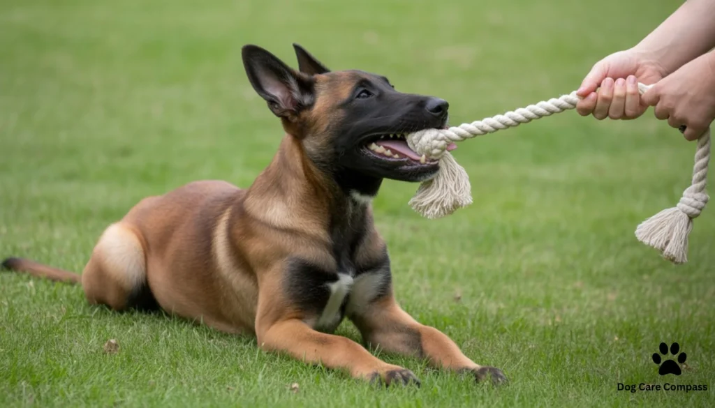 Redirecting Malinois puppy biting to a tug toy
