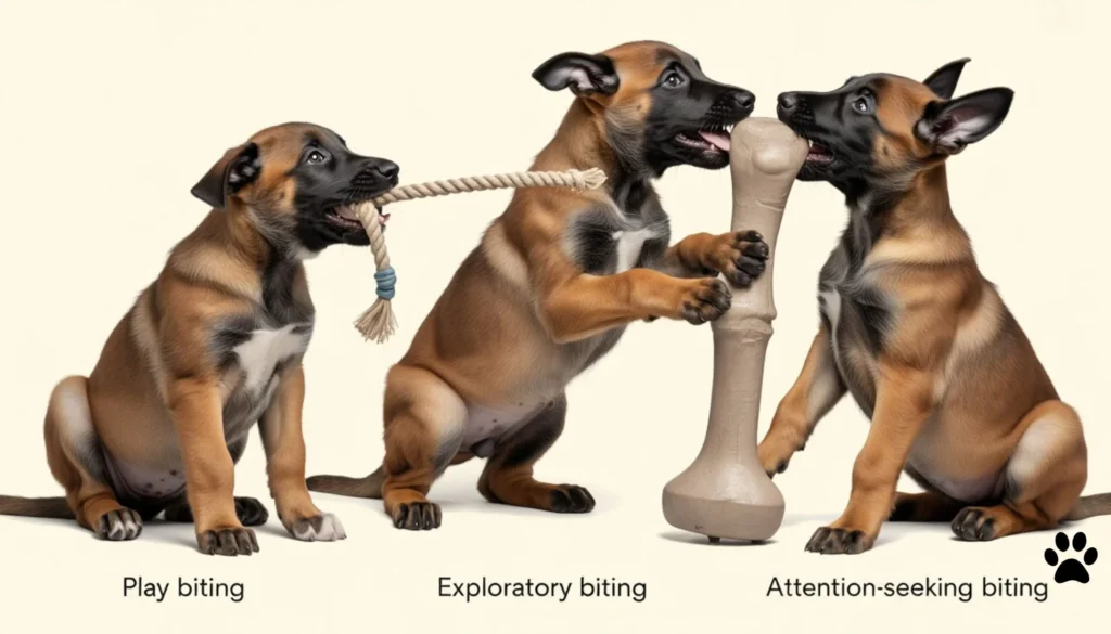 Belgian Malinois puppy play biting during interaction