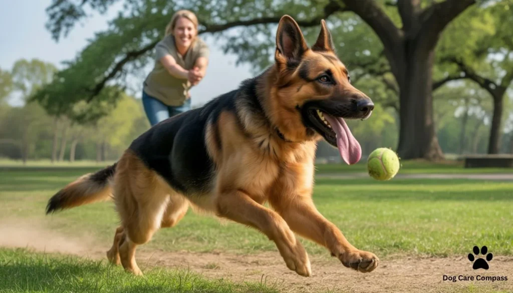 German Shepherd exercising with owner in a park