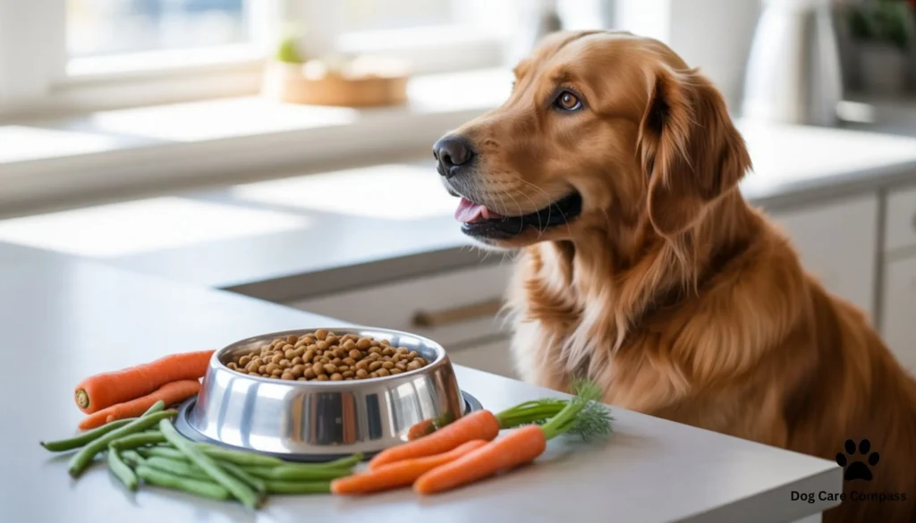Dog with fiber-rich food including vegetables