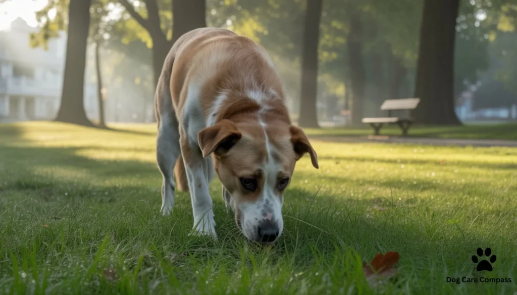 Bored dog chewing grass during a walk