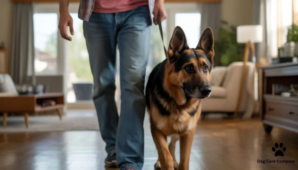 German Shepherd following its owner around the house