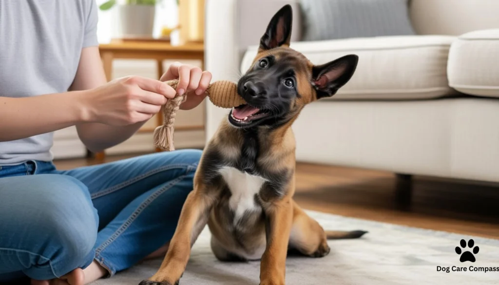Belgian Malinois puppy biting a tug toy during training