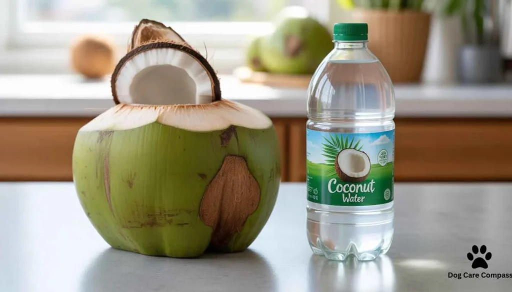 Checking ingredients on packaged coconut water bottle