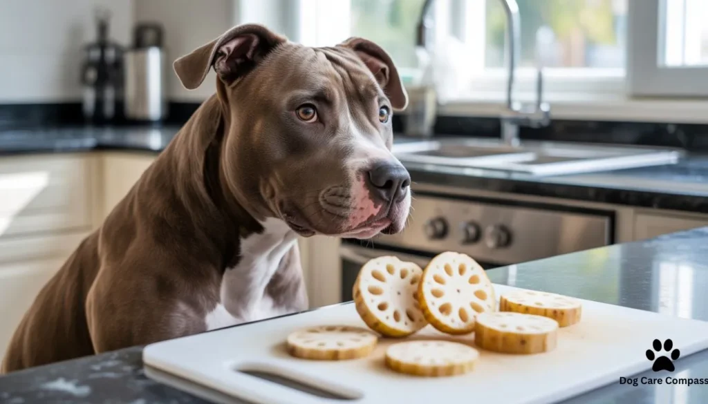dog looking at sliced lotus root vegetable