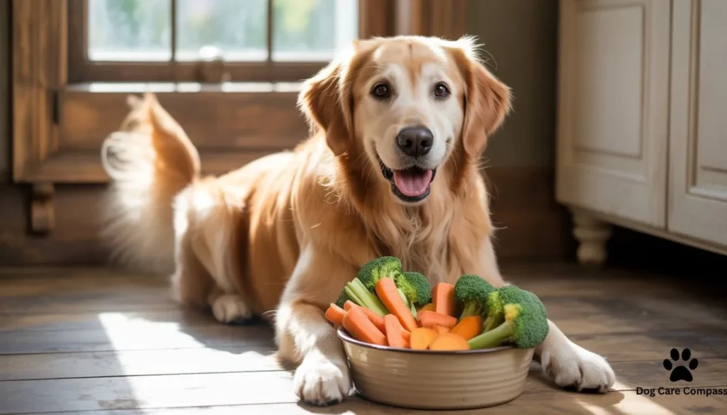 dog with bowl of healthy vegetable treats