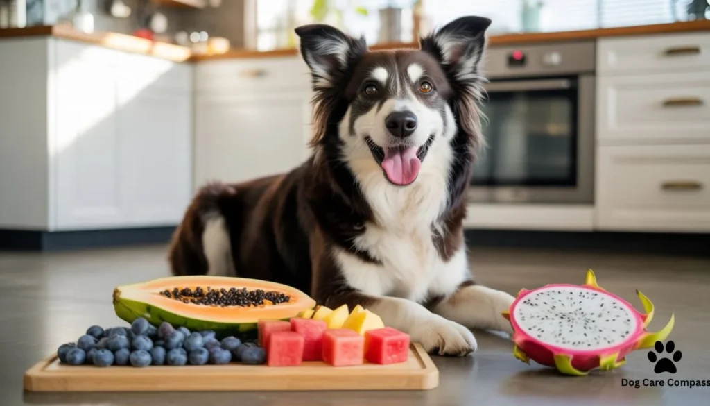 Various safe fruits that dogs can eat including blueberries, papaya and watermelon