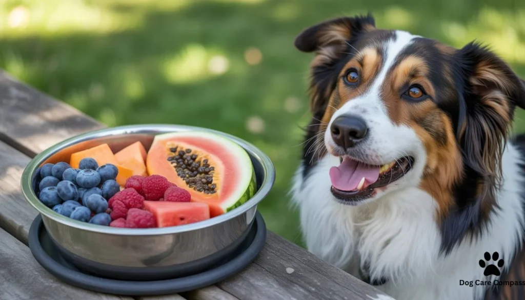 Various safe fruits that dogs can eat including blueberries, papaya and watermelon