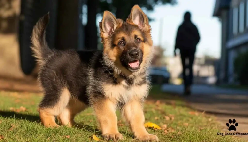 German Shepherd barking at a stranger due to fear and protective instinct