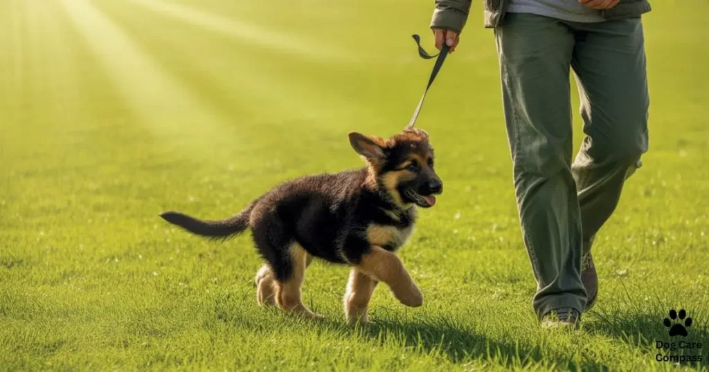 German Shepherd puppy exercise on grass leash walk