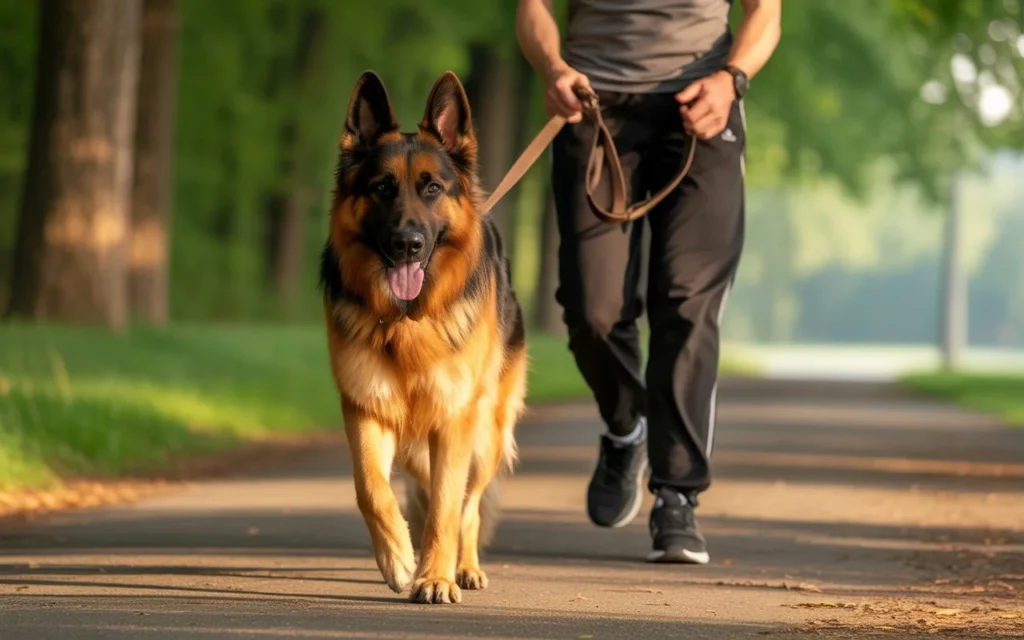 german shepherd daily exercise walk with owner
