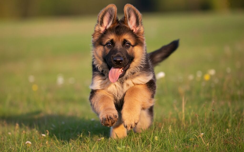 energetic german shepherd puppy running outdoors