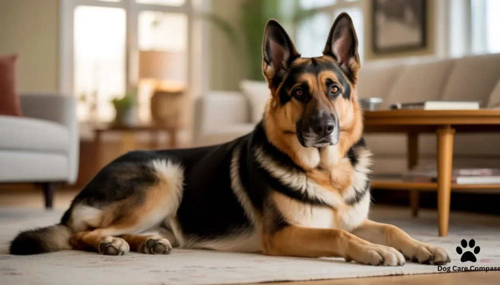 calm adult german shepherd lying relaxed indoors