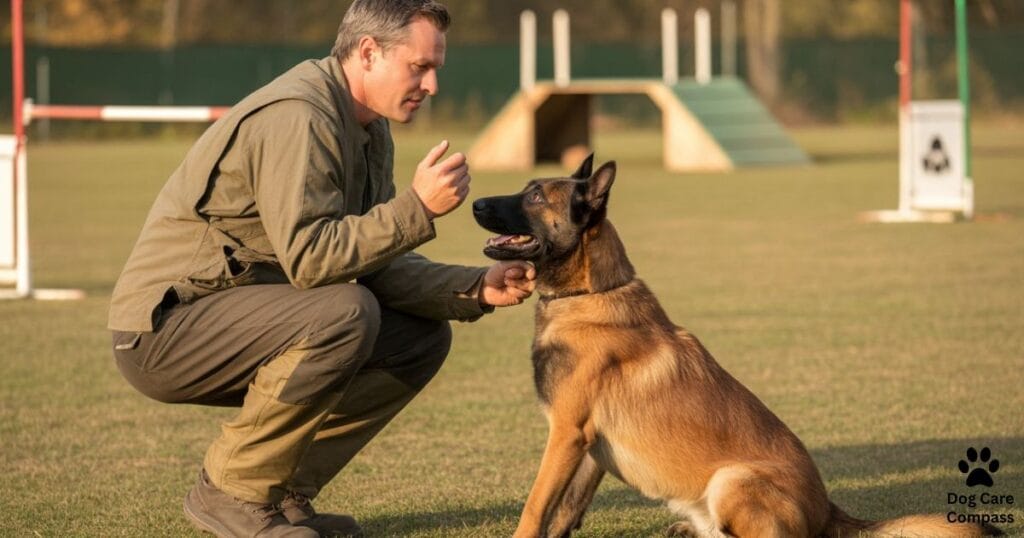 Professional trainer helping Belgian Malinois