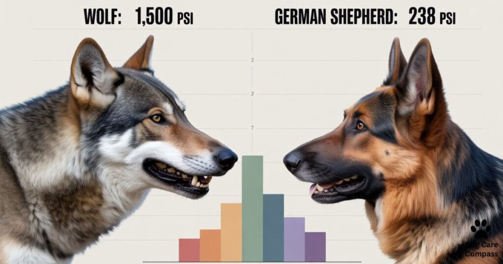 "Visual comparison of bite force between German Shepherd and wolf"