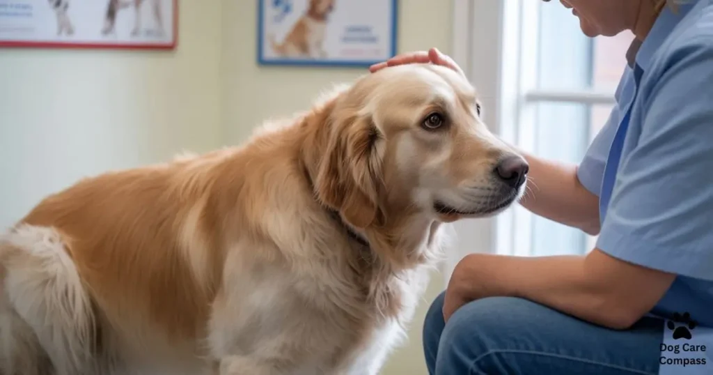 cushing disease dog diet - dog sitting with owner at vet clinic