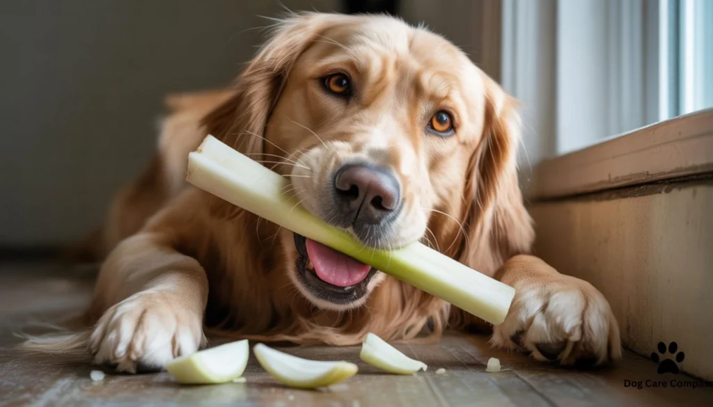 Golden retriever chewing celery stick