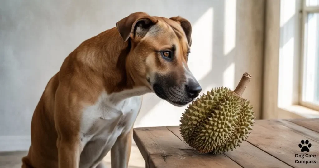 Dog sniffing durian fruit with curious expression