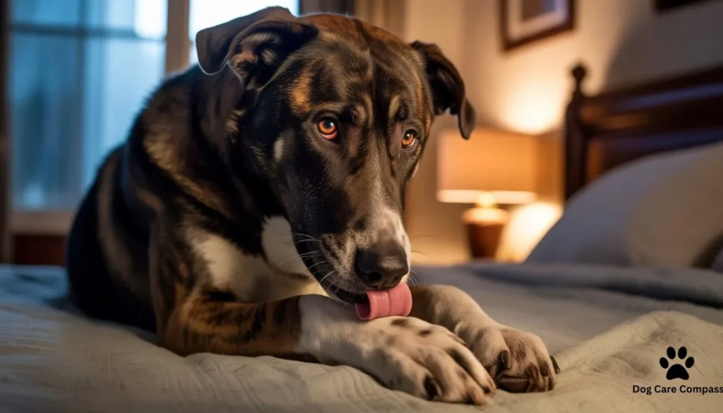 Dog licking paws at night in bedroom