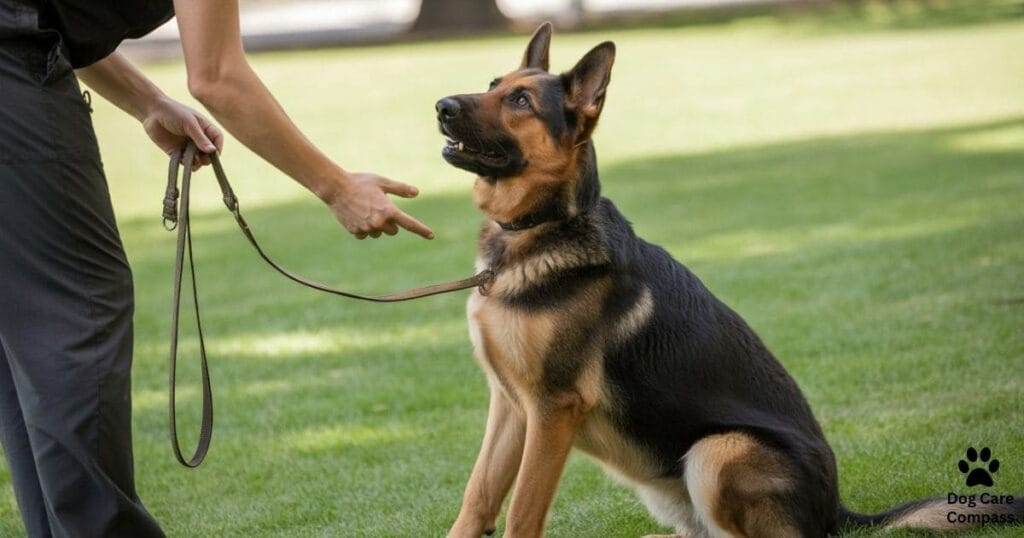 German Shepherd obedience training with owner using positive reinforcement