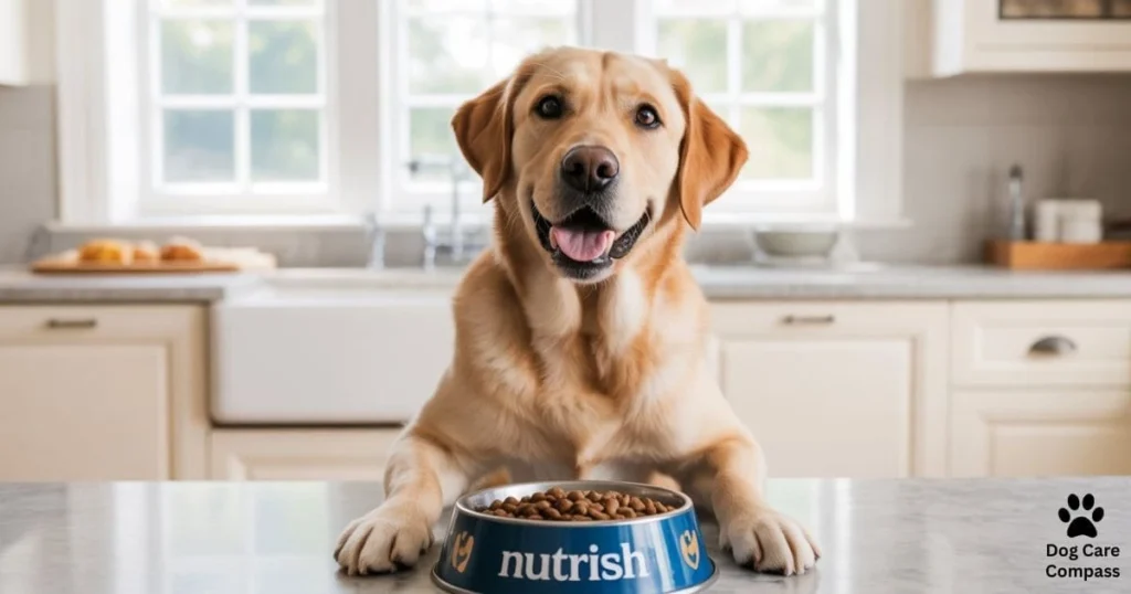 Is Nutrish a good dog food - happy dog sitting next to Nutrish food bowl