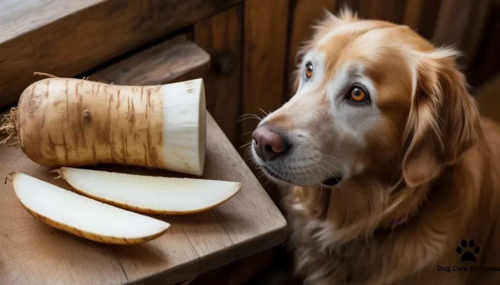 Can dogs eat jicama — dog looking at fresh jicama root