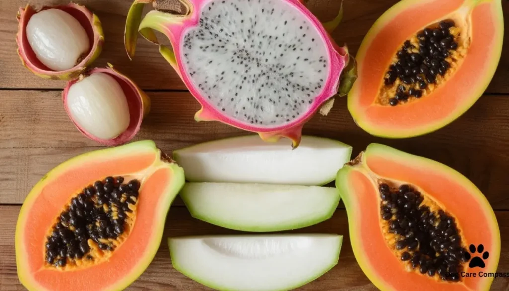 Safe fruits for dogs comparison including lychee dragon fruit papaya