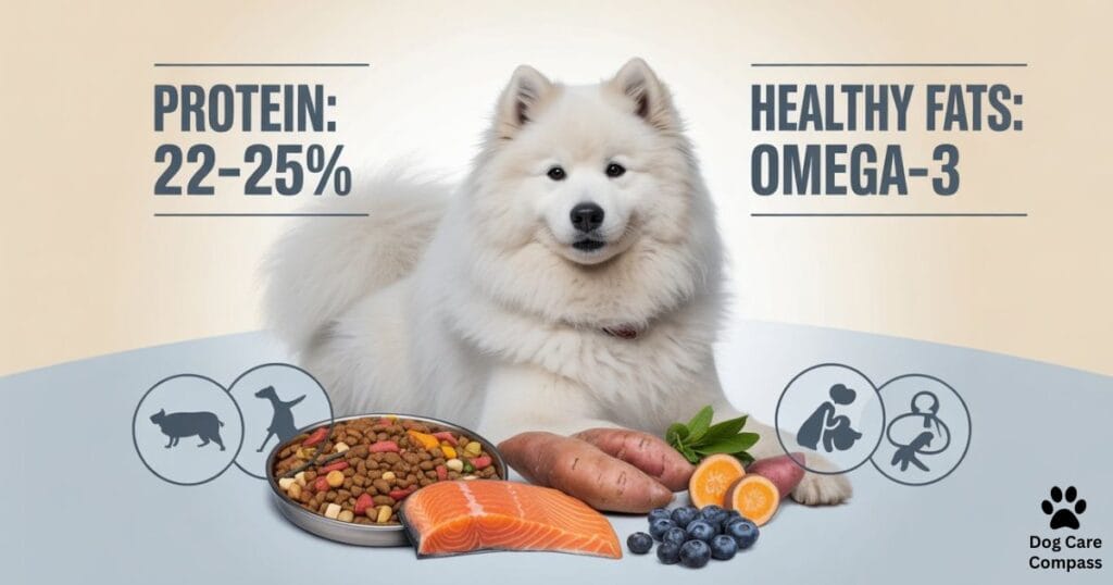 amoyed breed nutrition needs and active lifestyle
Healthy Samoyed dog with thick coat outdoors