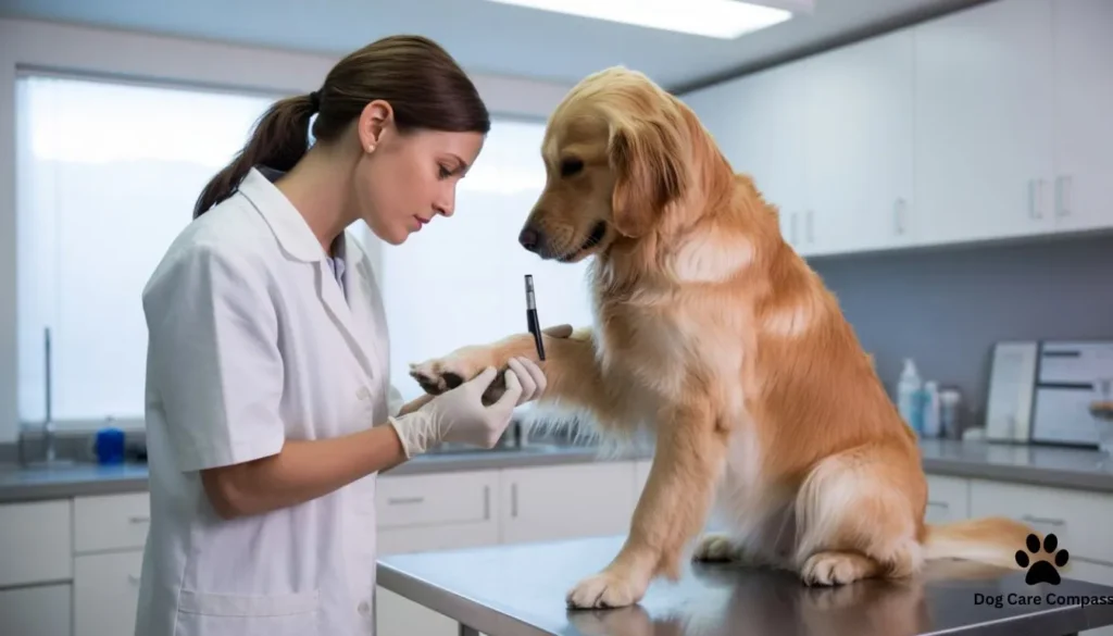 Veterinarian examining dog paw in clinic