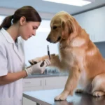 Dog not eating after vaccination lying beside a full food bowl