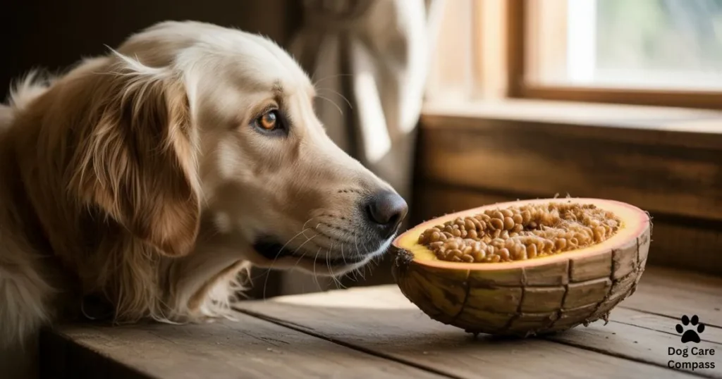 dog sniffing wood apple fruit