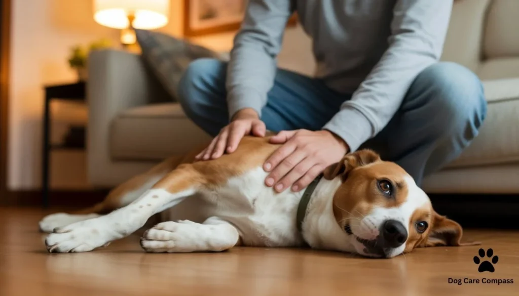 owner gently rubbing dog's chest to stop hiccups