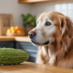dog looking at bitter melon on kitchen counter