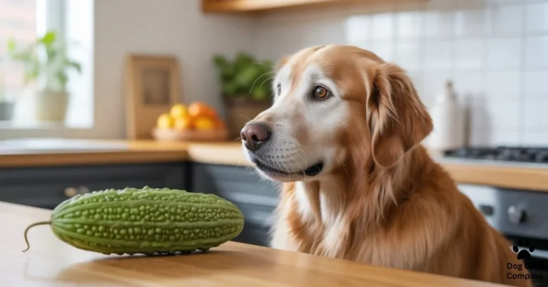 dog looking at bitter melon on kitchen counter