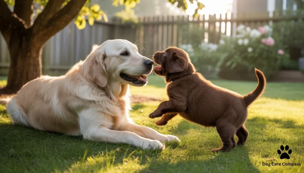 older dog playing happily with new puppy
