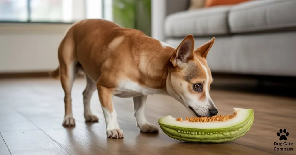 dog sniffing bitter melon piece