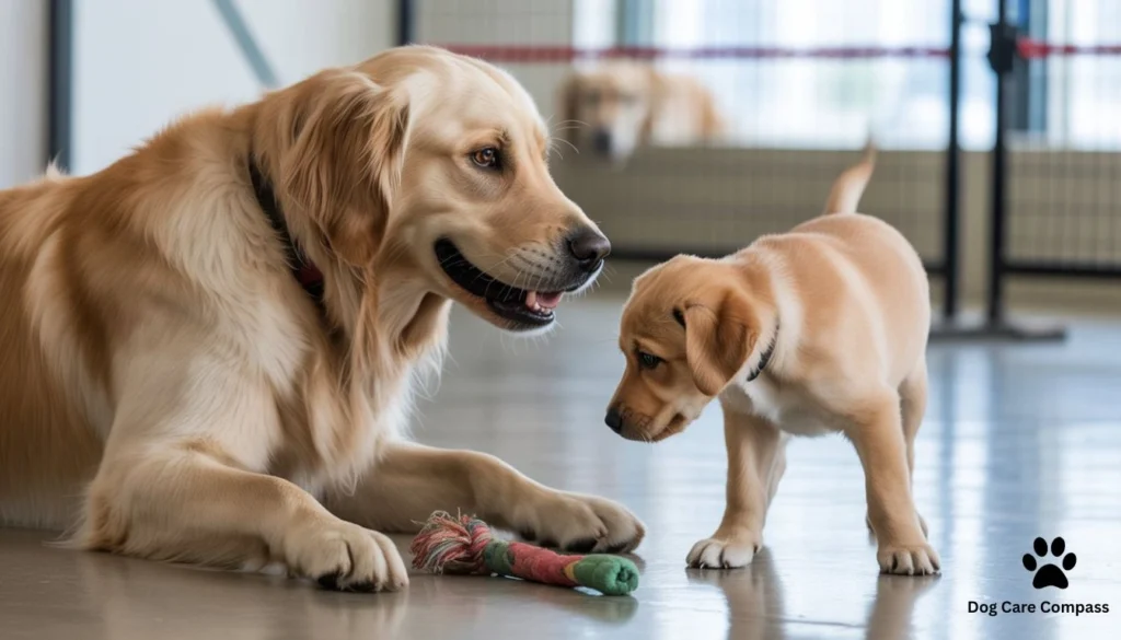 older dog growling at a new puppy near a toy