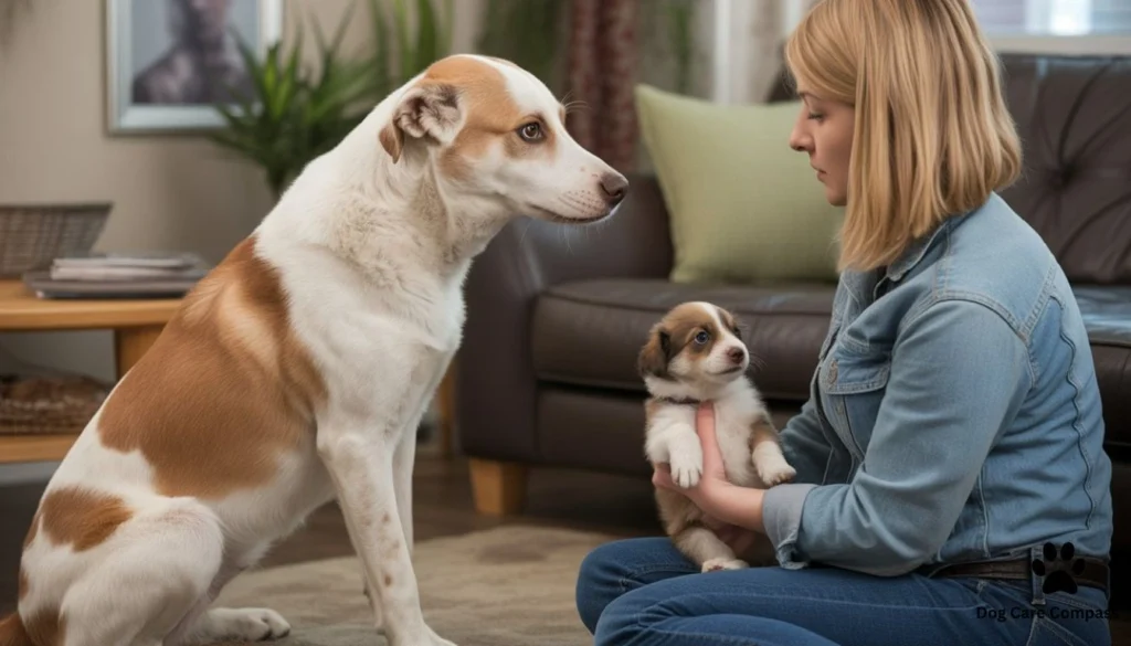 older dog looking jealous while owner holds a new puppy
