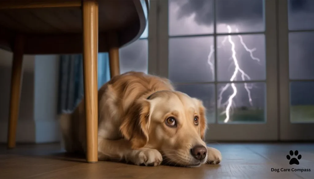 dog scared of thunder hiding during storm