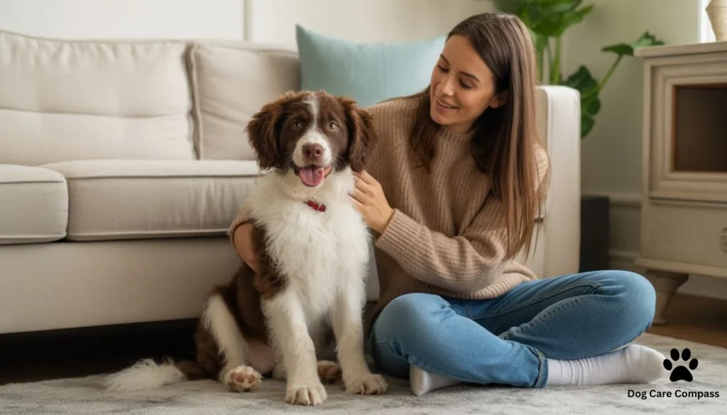 healthy puppy sitting calmly with owner after hiccups stop