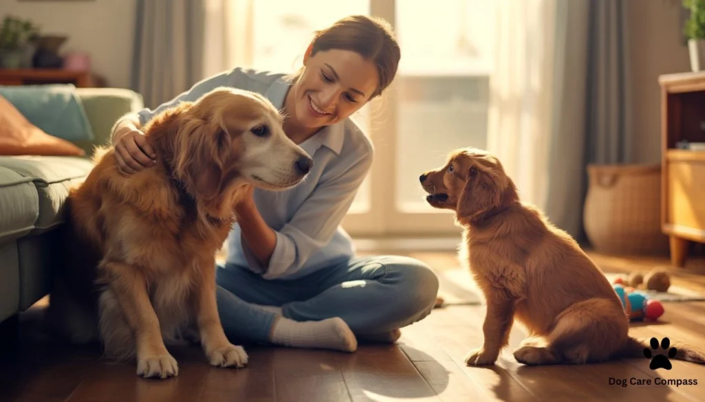 owner spending one on one time with older dog while puppy is nearby