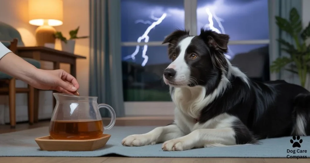 Border Collie relaxing after drinking cooled chamomile tea