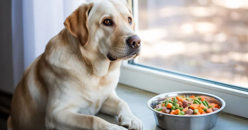 Overweight Labrador eating homemade low calorie dog food