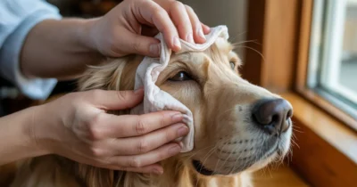 Dog with red swollen eye infection