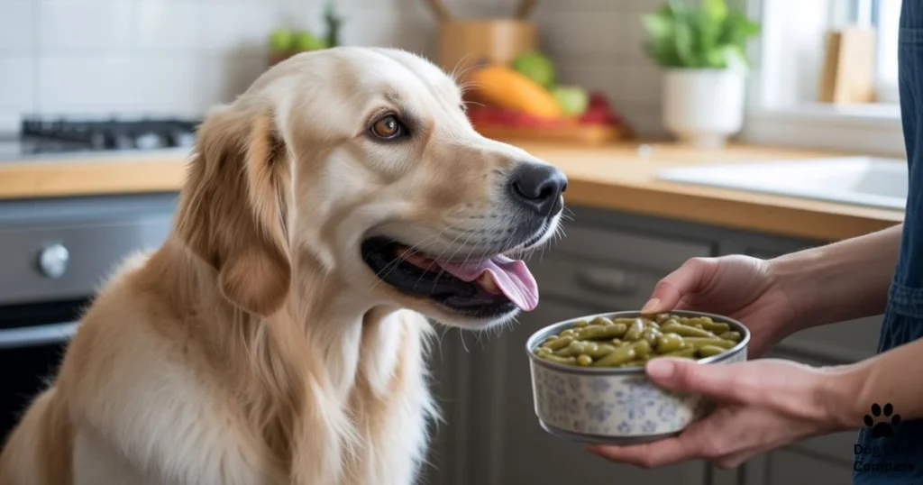 Dog looking at plain canned green beans in kitchen