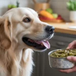 Dog looking at plain canned green beans in kitchen
