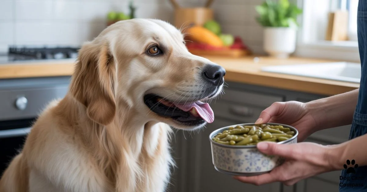 Dog looking at plain canned green beans in kitchen