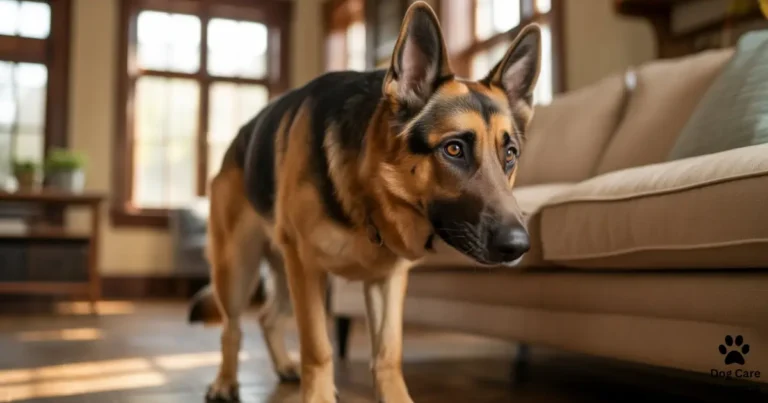 dog suddenly scared of hallway in house staring cautiously