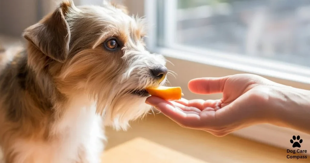 dog eating small piece of persimmon safely