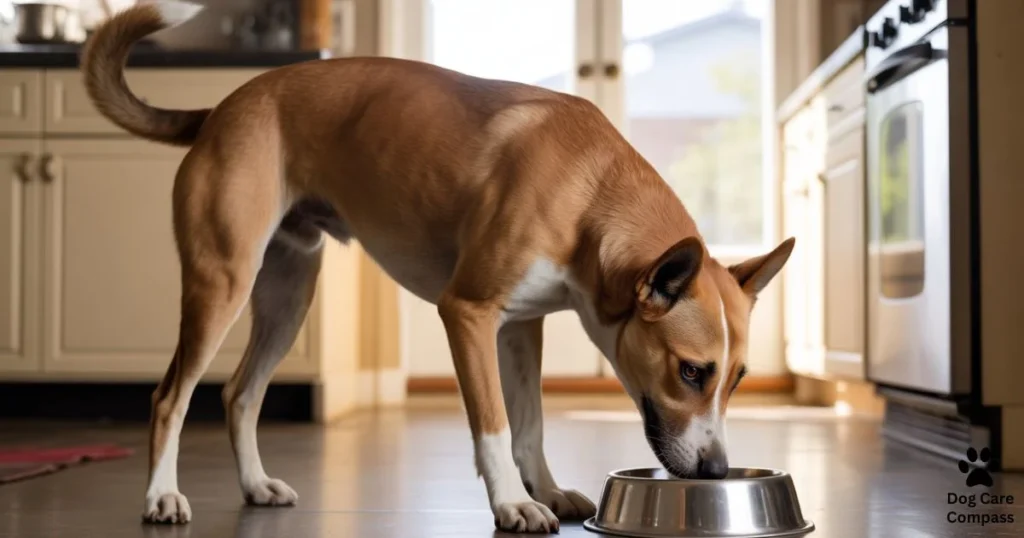 dog showing food aggression while eating from bowl